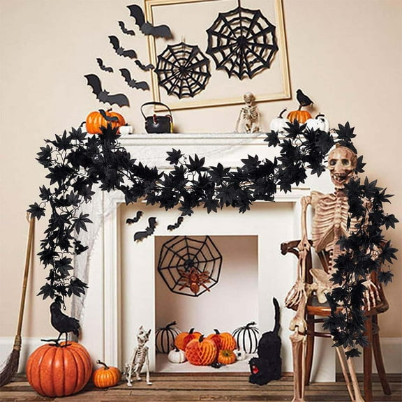 Halloween Artificial Maple Leaf Garlands Vines, Durable Lightweight Waterproof Garland for Thanksgiving Wedding Party Table Decor 78.74Inch Black