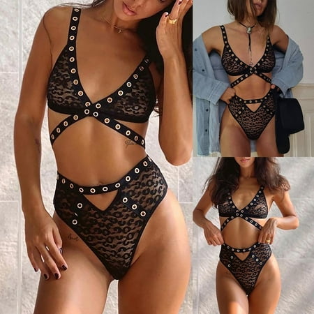 

DENGDENG Womens Lingerie High Waisted Mesh Teddy Hollow Out Leopard Print Sexy Babydoll Lingerie for Women Black XXL