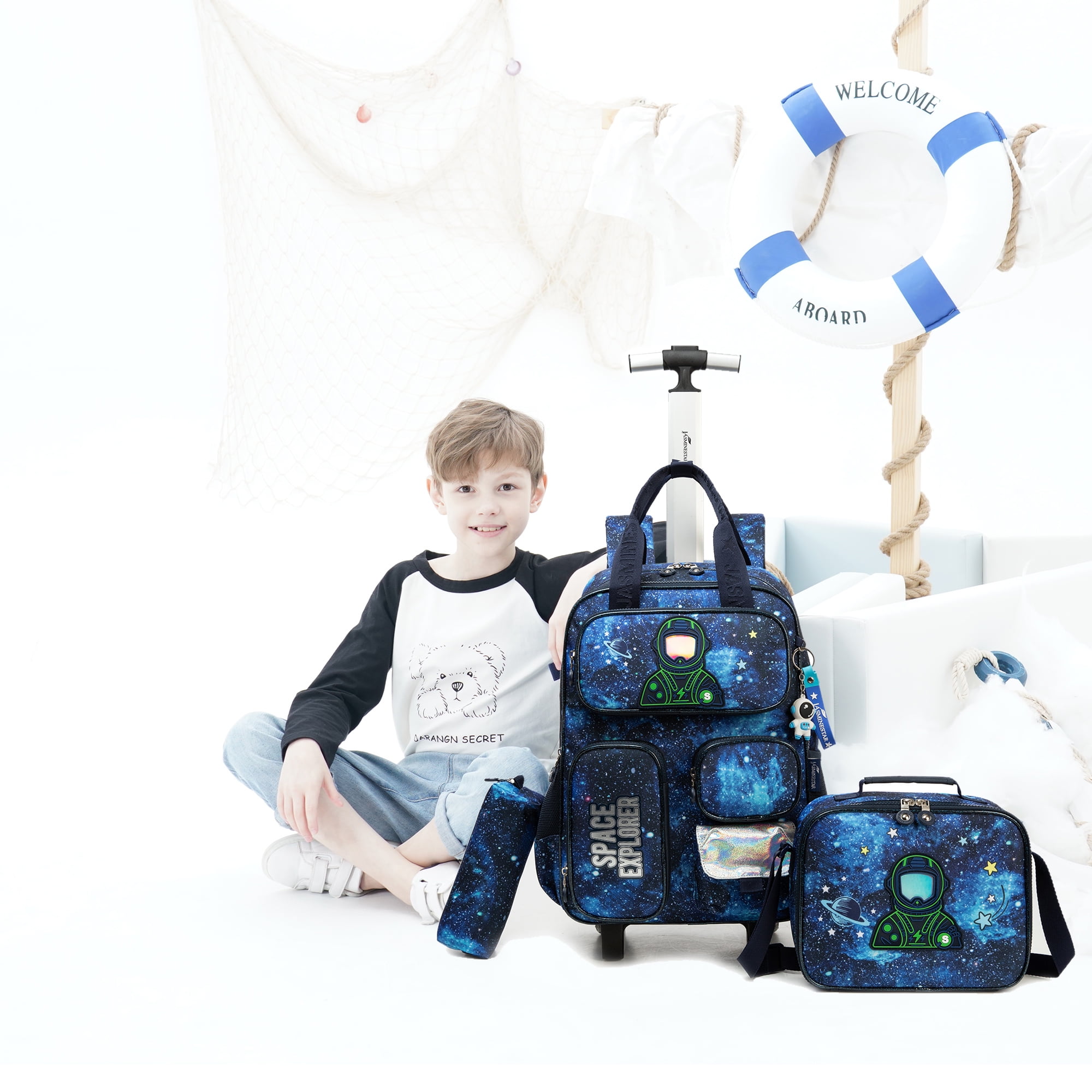 Kids Rolling Backpack for School Boys with Wheels Roller Backpacks with Lunch Box Pencil Case for Ages 8-10