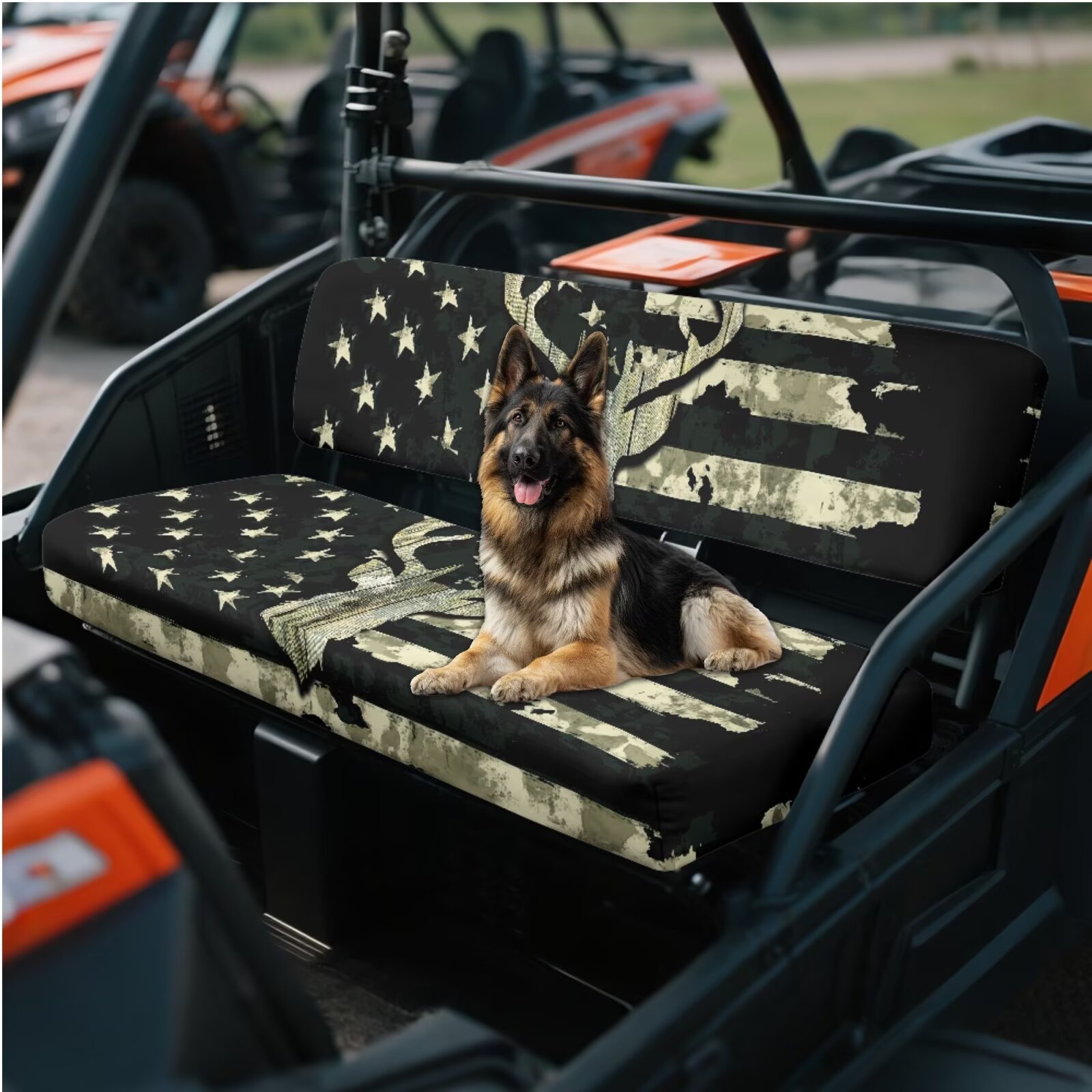 Yuyamidu Camo Deer Bench Seat Cover Compatible with Kawasaki Mule 4010 4x4 American Flag Ranger Seat Cover Easy to Install Four Wheeler Accessories