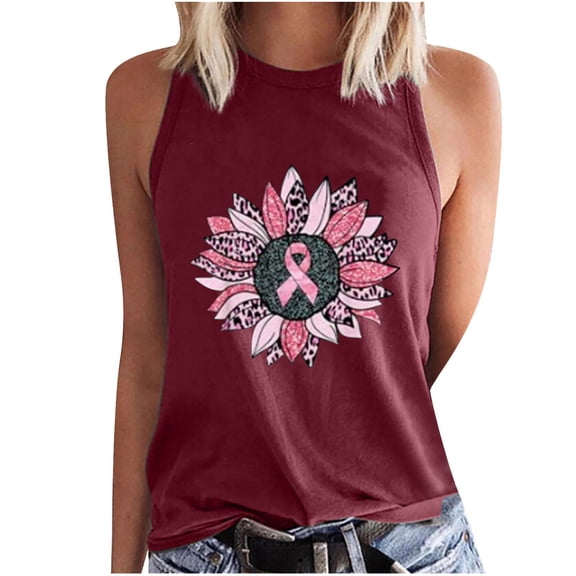 ZQUUVOU Women's Sleeveless Tank Top Round Neck Breast Cancer Awareness Printed Casual Solid Color Blouse Summer Outfits Burgundy
