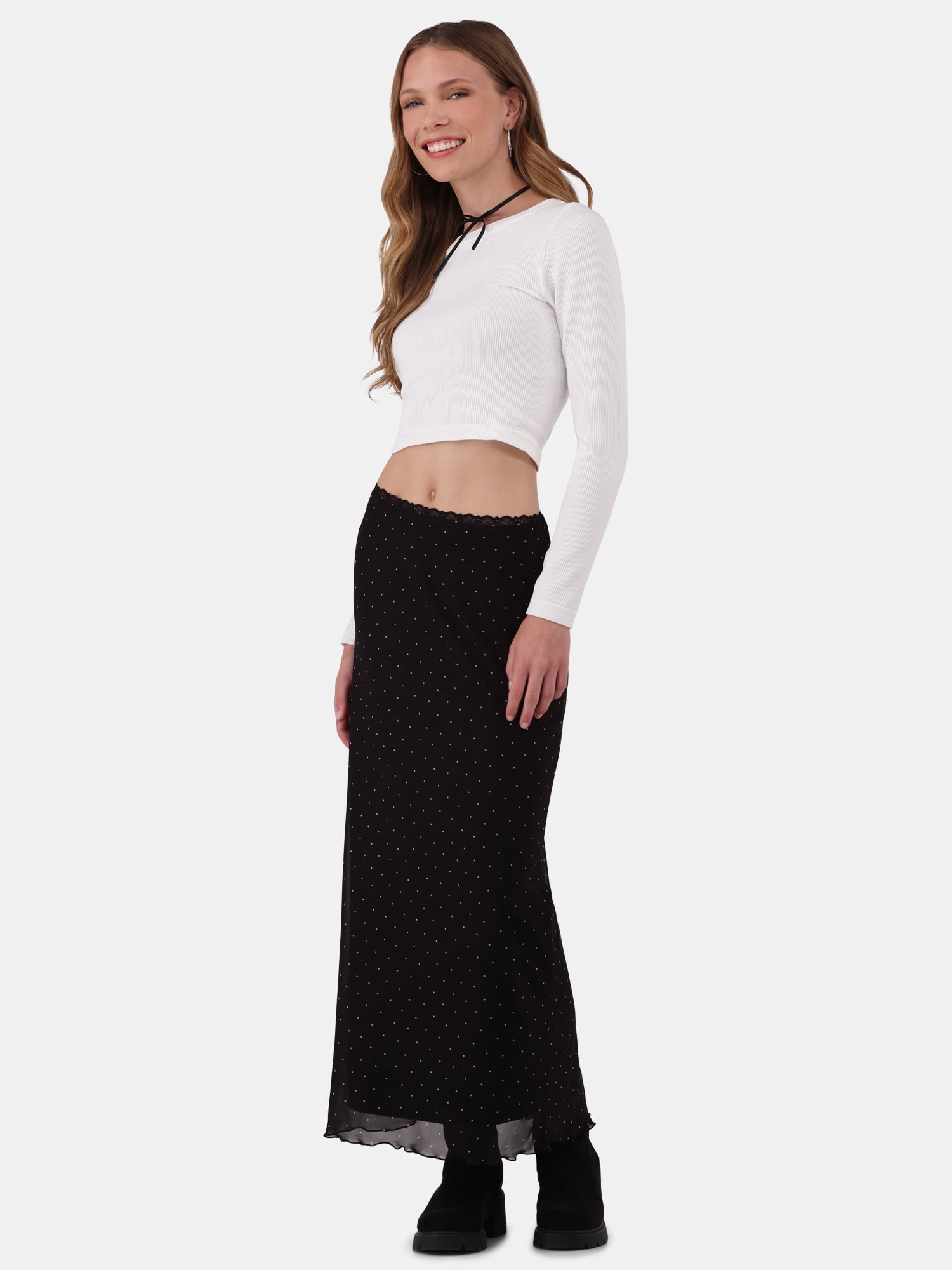 No Boundaries Lace-Trim Mesh Maxi Skirt, Women’s and Women’s Plus