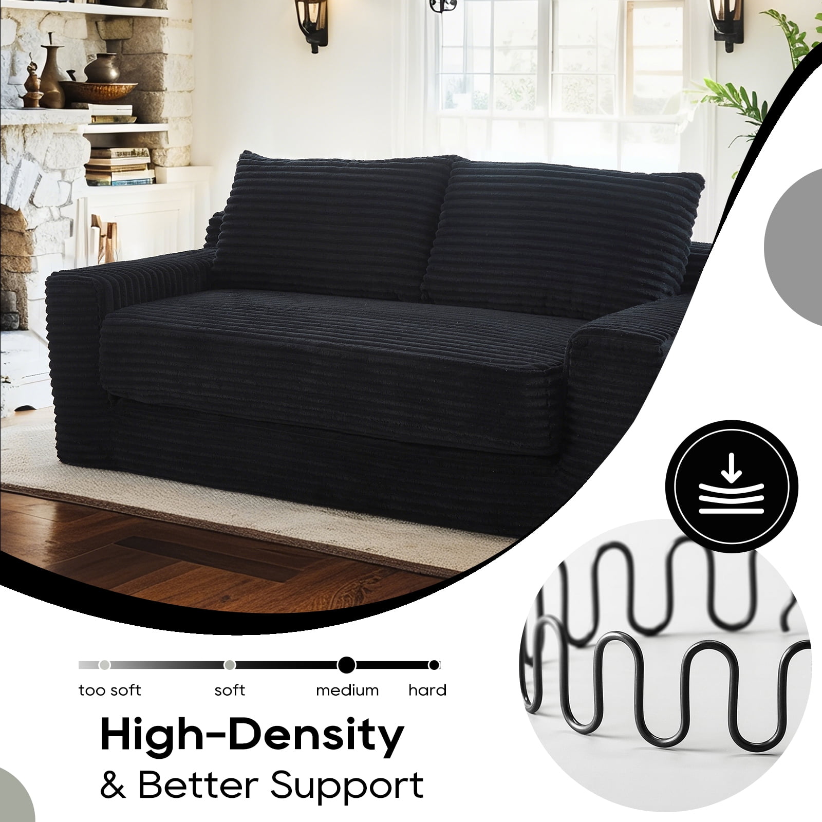 Leumius Convertible Loveseat Compression Sofa for Living Room,Corduroy 2 Seater Couch Memory Foam Sofa for Small Spaces,Apartments,Office,Black