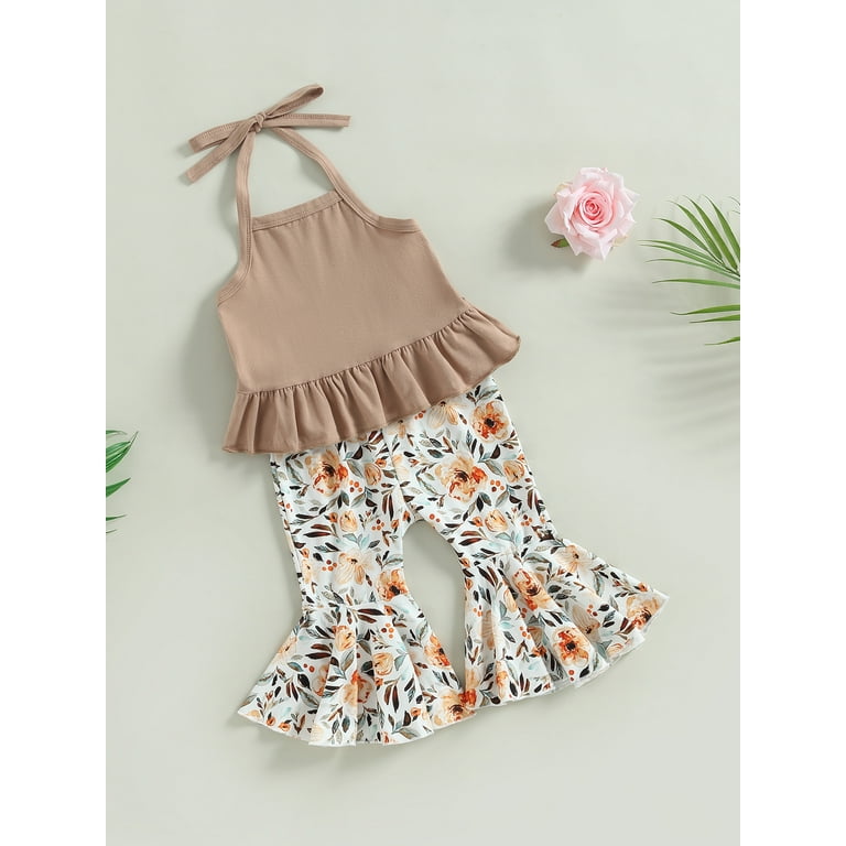 Bagilaanoe 2pcs Newborn Baby Girl Long Pants Set Sleeveless Vest Tops +  Flower Print Flare Trousers 6M 12M 18M 24M Infant Casual Outfits 