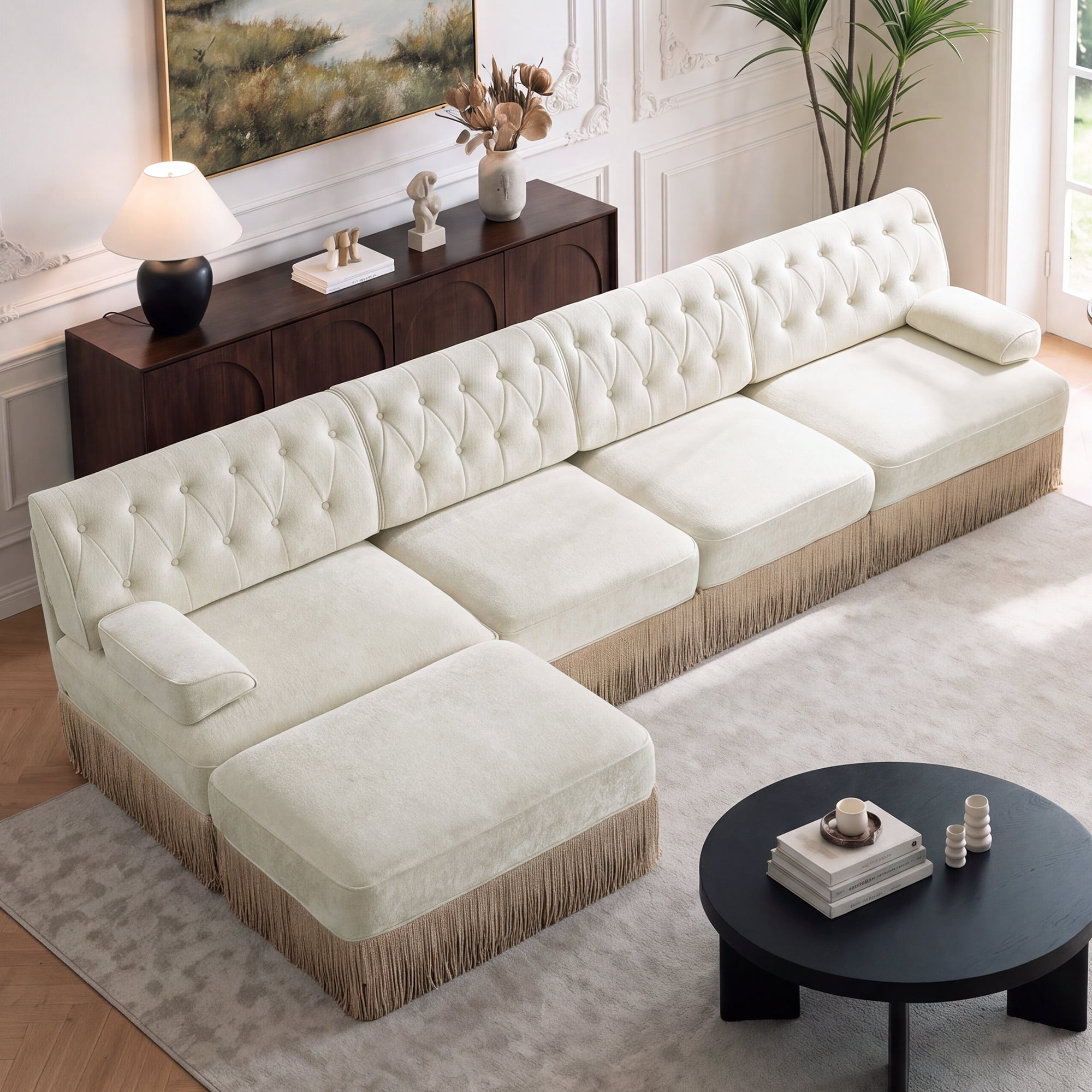 135" Chesterfield 4 Seater L-Shaped Modular Sectional Sofa Set with Ottoman and Tassel Skirt, Easy to Assemble