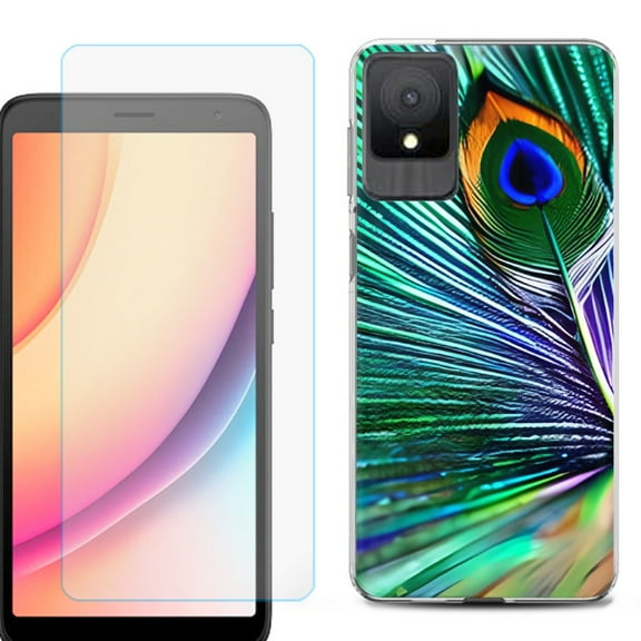 For TCL K11 Phone Case Cover, Shockproof Case with Tempered Glass Screen Protector, by OneToughShield - Peacock Feather