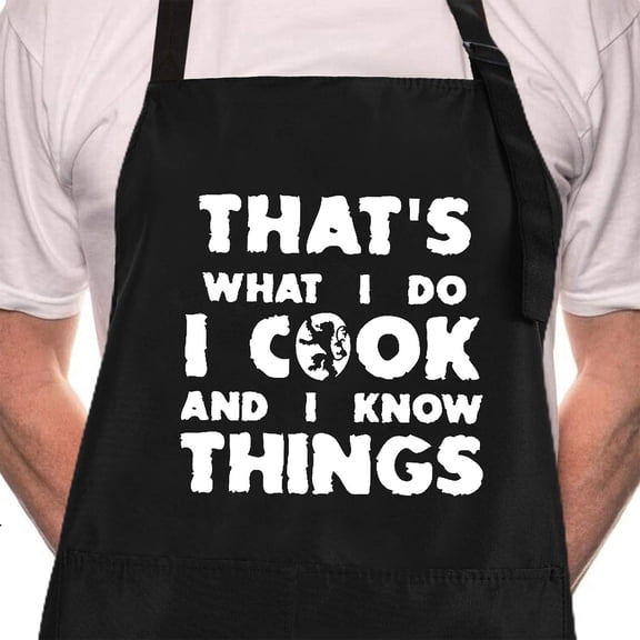 Funny BBQ Black Chef Aprons for Men, I Cook and I Know Things Adjustable Kitchen Cooking Aprons with Pocket Waterproof Oil Proof Father’s Day/Birthday