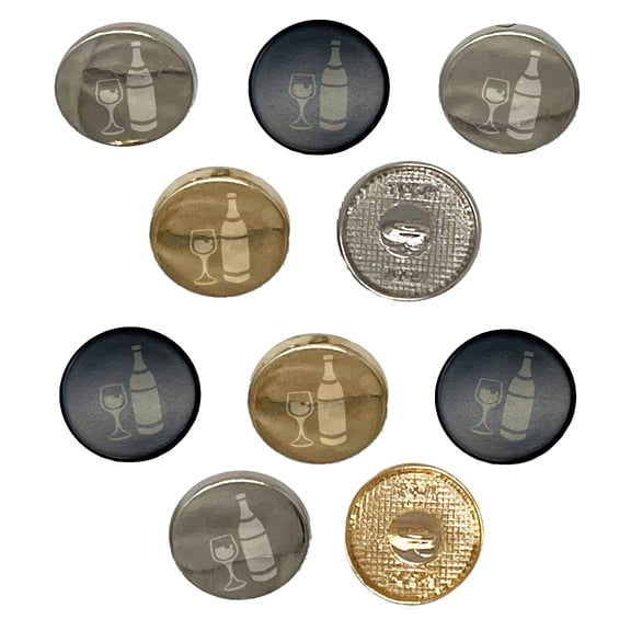 Fancy Wine Bottle and Glass Set of 10 Metal 0.6" (15mm) Sewing Shank Round Buttons - Silver Color