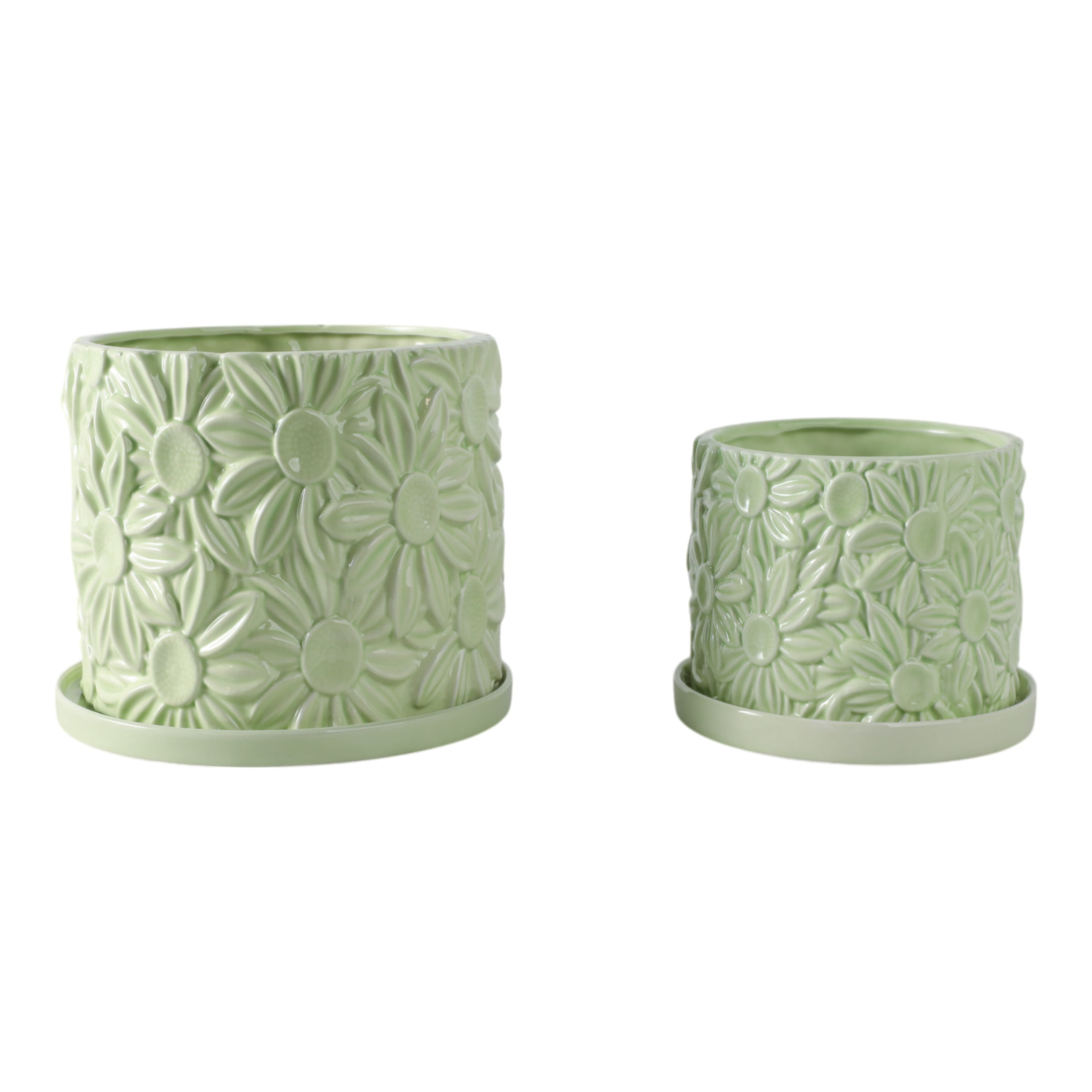 Decorative Daisy Flower Pot Planter for Home Decor - Stylish Indoor and Outdoor Pots for Plants - Chic Modern Plant Pots for Living Room, Patio, or Plant Stand Indoor - Set of 2, 7", 5", Green