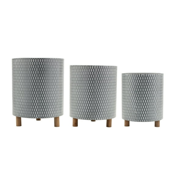 Metal Planters Set of 3 Geometric Indoor Flower Pots with Wood Legs