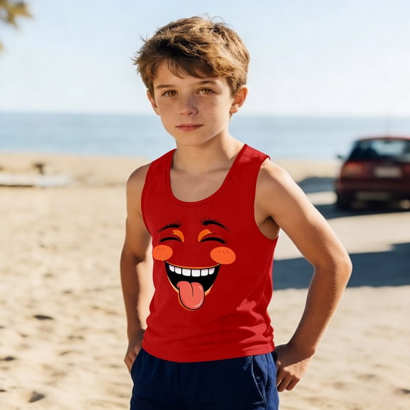 Kids Cartoon Face Tank Top Red Boys Graphic Muscle Tee Moisture Wicking Sleeveless Play Shirt,Size 4 T