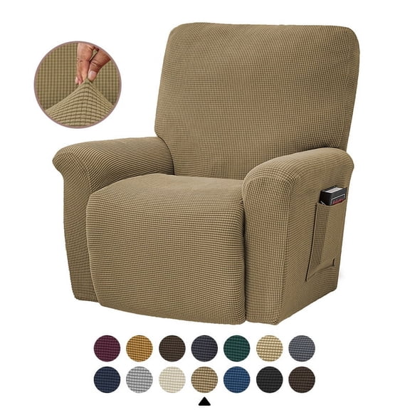 Mictong large solid color fleece recliner cover, washable sofa cover, thick polyester recliner cover, elastic recliner sofa cover, suitable for living room, 4-piece set, Light brown