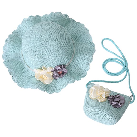 56-58cm hat circumference female summer flower straw hat and straw bag two-piece sunscreen sun hat - green