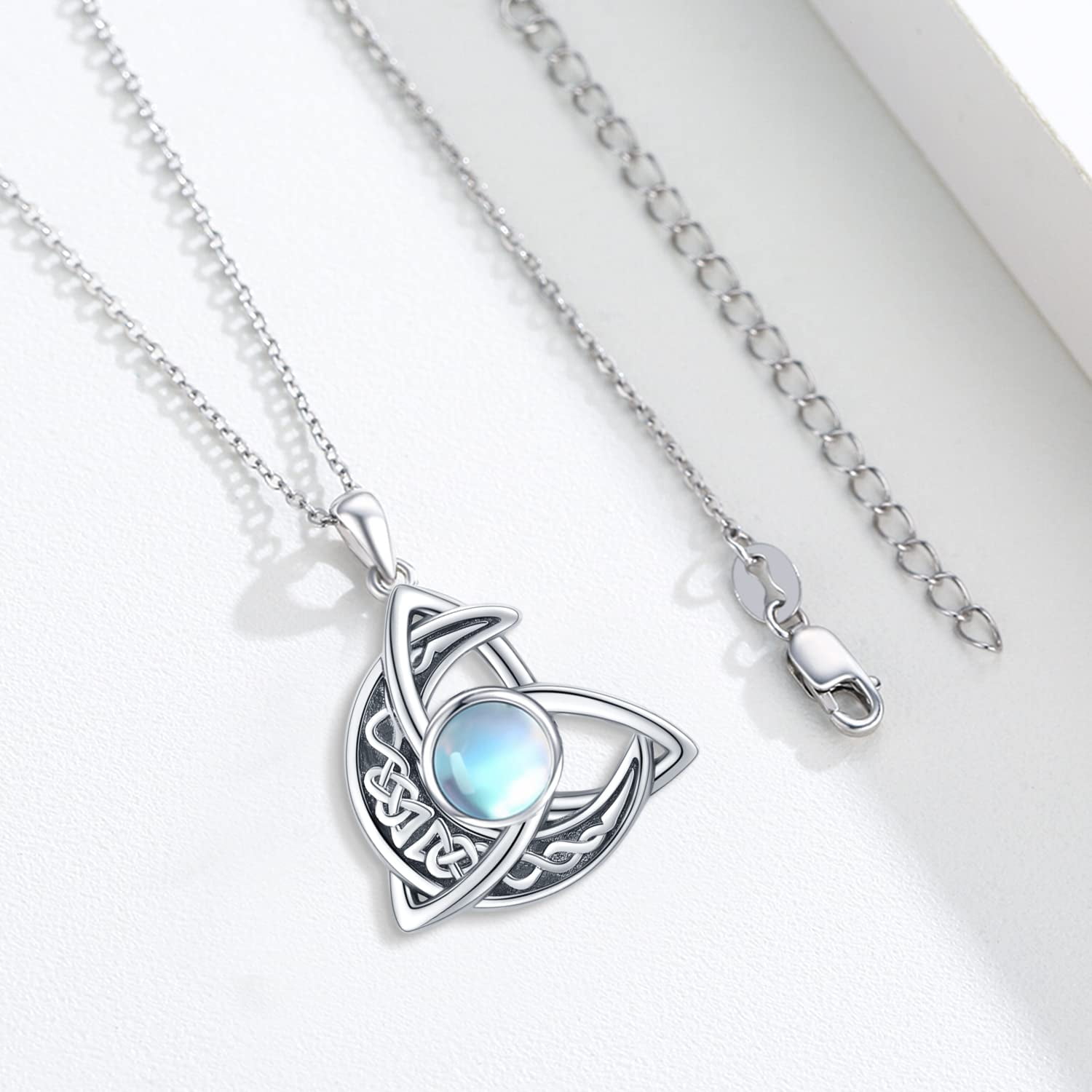 Coachuhhar Celtic Moonstone Necklace 925 Sterling Silver Celtic Knot Moon Pendant Crescent Irish Necklace Jewelry Gift for Women Men