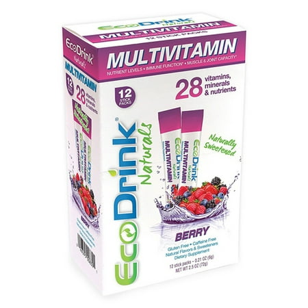EcoDrink Naturals Naturally Sweetened Complete Multivitamin Mix Drink Stick Packs, Berry, 12