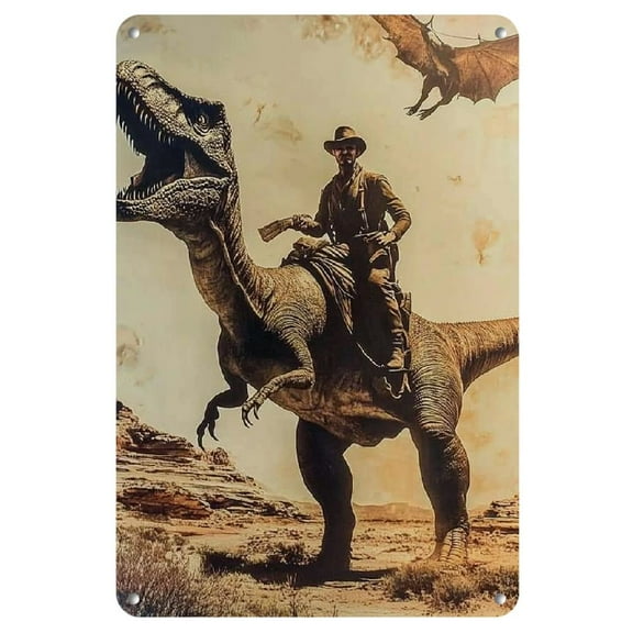 1pc Vintage Western Sci-Fi Metal Wall Art, Rustic Cowboy Riding Dinosaur Iron Sign, High-Gloss & Scratch Resistant, Ideal for Home & Bar Decor, Entryway, Garden - 8x12 inches