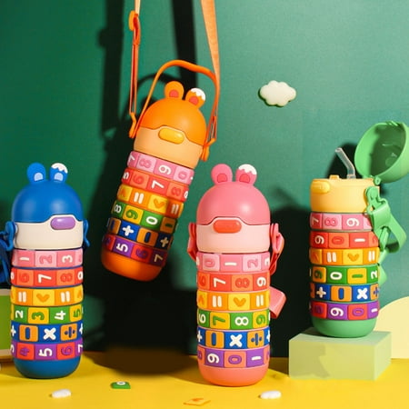 

Riguas Kawaii Bear Water Bottle Kids Cartoon Straw Water Cup with Strap BPA-Free Portable Leakproof Water Bottle Stainless Steel Drinking Water Bottle for Kids Girls
