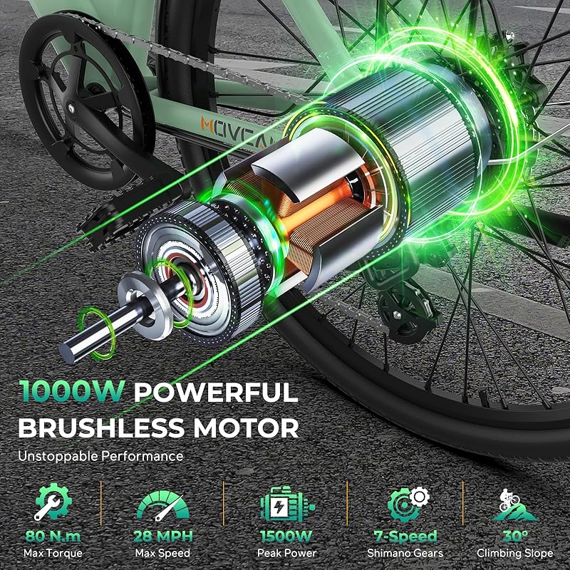 Movcan V80 Electric Bike, 1000W Motor 28MPH Ebike, 48V 13Ah Removeable Battery, 26'' Cruiser Adult Electric Bicycles up to 70 Miles