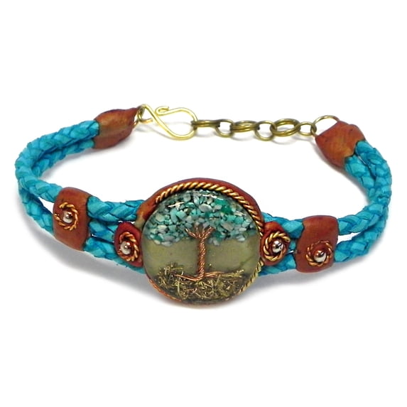 Tree of Life Crushed Chip Stone Inlay Copper Wire Round Clear Acrylic Cabochon Braided Dyed Leather Bracelet - Womens Fashion Handmade Jewelry Boho Accessories