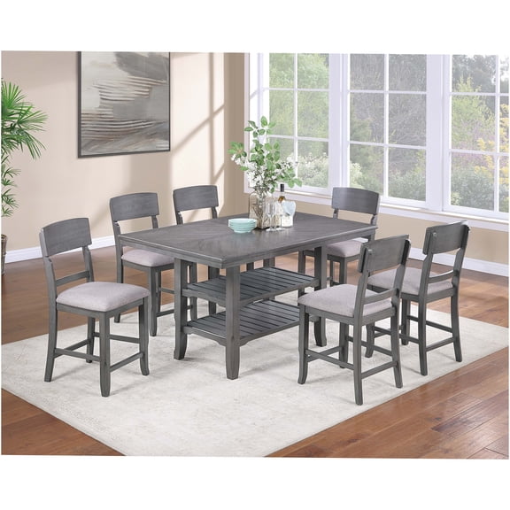 JERFIT 7-Piece Counter Height Dining Set with Storage, Gray Wood Table and 6 Upholstered Chairs for Kitchen and Dining Room