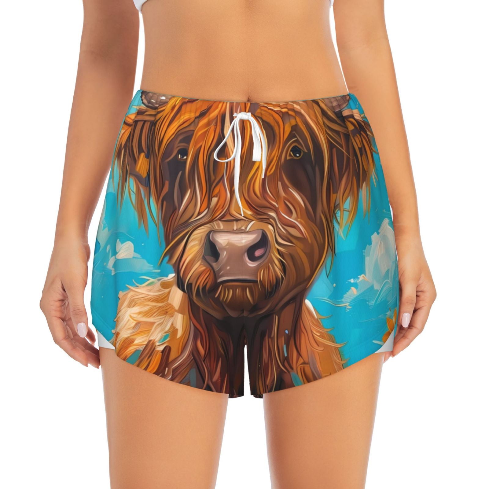 Gaeub Cute Cow Sunflowers Art Print Women's Athletic Shorts,High