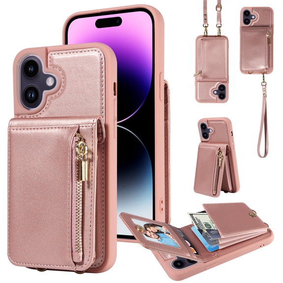 Mantto Zipper Wallet Case for iPhone 17,[RFID Blocking] Leather Back Flip Crossbody Purse with Credit Card Holder Kickstand Phone Case with Detachable Wrist Strap Lanyard,Rosegold