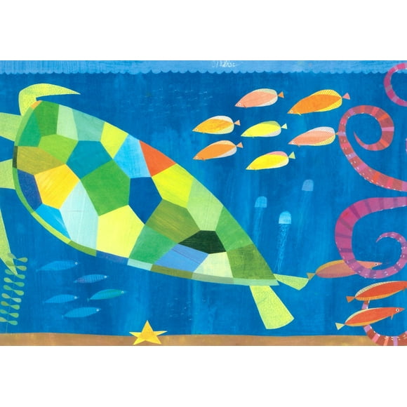 Prepasted Wallpaper Border - Kids Blue, Yellow, Green, Pink Rainbow Turtle, Octopus, Fish Wall Border Retro Design, 15 ft x 6 in (4.57m x 15.24cm)