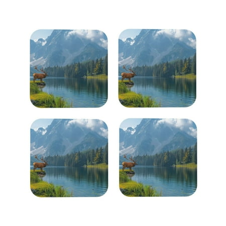 

Junzan Majestic Deer Mountain Lake Print Coasters for Drinks - Leather Coasters Set of 4 for Coffee Table for Housewarming/Kitchen/Bar/Decor-Square