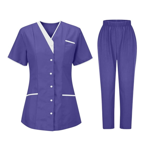 cocolona Scrubs for Women Set Button V Neck Scrubs Tops and Pants Set Workwear Uniform Purple L