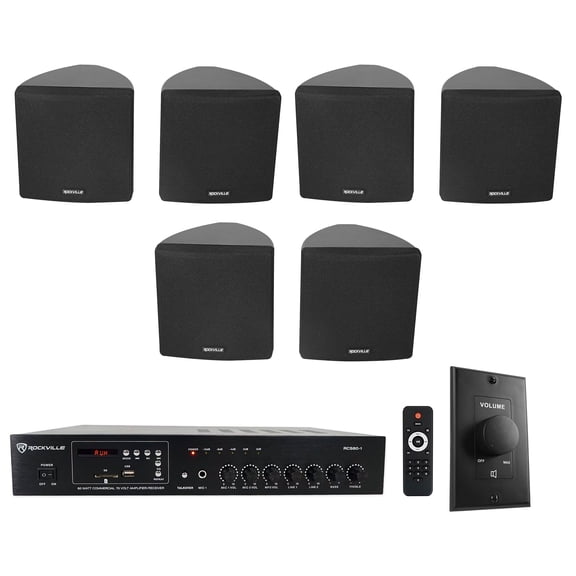 Rockville Commercial Restaurant Amp (6) Black Slim Wall Speakers Wall Controller