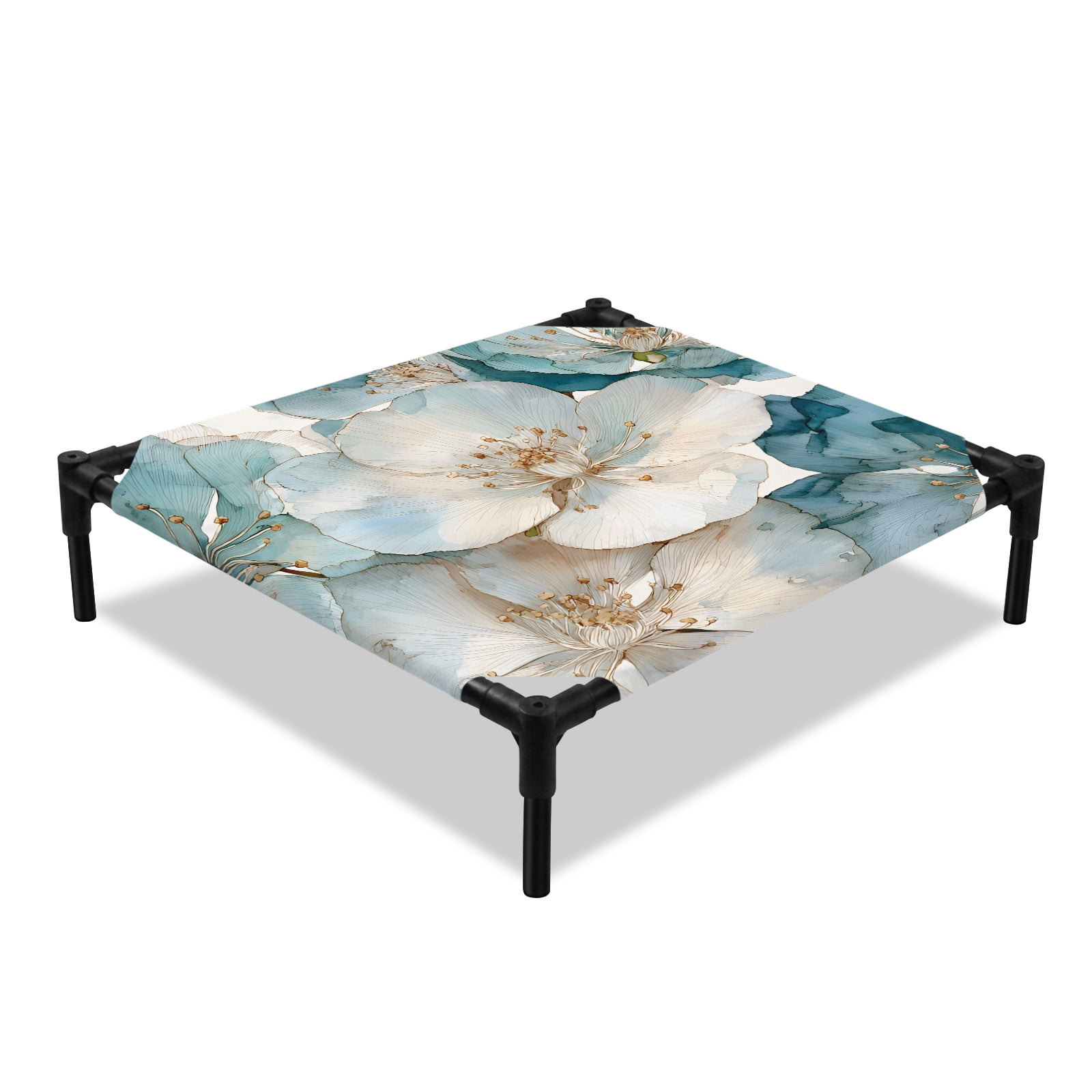 White Blue Floral Elevated Dog Bed Watercolor Country Floral Petals Cooling Breathable Outdoor Raised Dog Cot Bed with Metal Frame Non-Slip Feet for Small Dog 20x20in