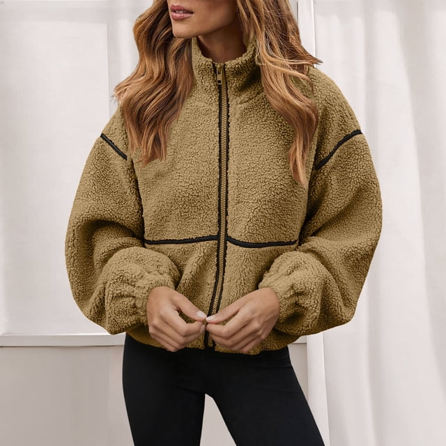 HongQid Womens Coat Casual Lapel Full Zip Fleece Jacket Long Sleeve Oversized Warm Winter Outwear with Pockets