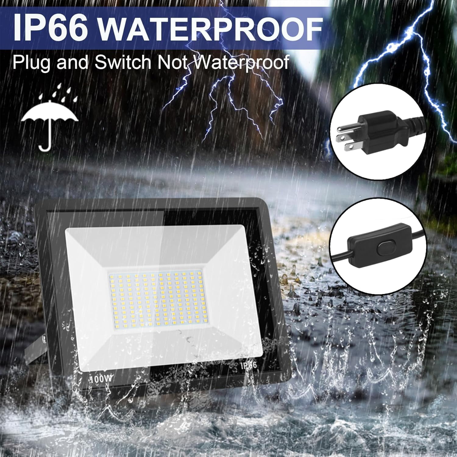 100W LED Flood Light Outdoor, 10000LM LED Work Light with Plug and Switch, IP66 Waterproof Exterior Security Lights, 5000K Daylight White Outdoor Floodlights for Yard, Garden, Playground, Stadium.