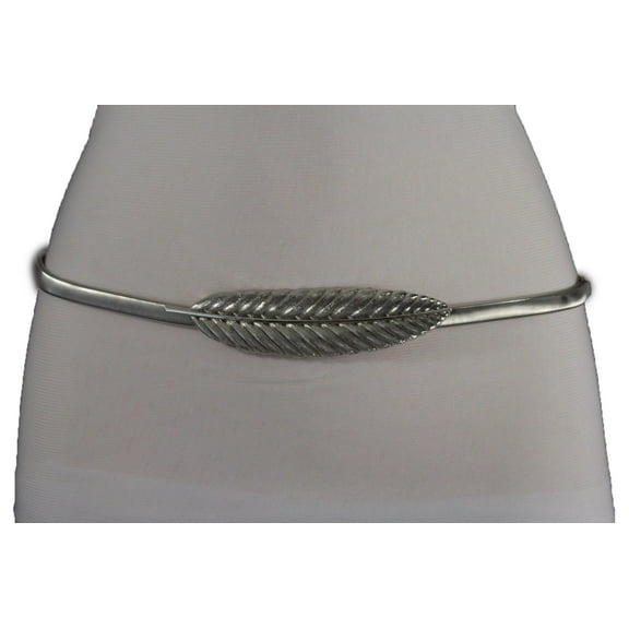 Women Silver Metal Elastic Narrow Fashion Belt Leaf Buckle Size S M