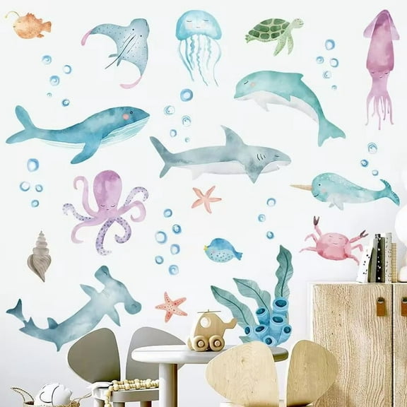 Under The Sea Wall Decals, Seaweed Grass Ocean Fish Sea Turtle Underwater Wall Stickers Vinyl Decor for Baby Boys Kids Nursery Bedroom Bathroom Classroom Playroom