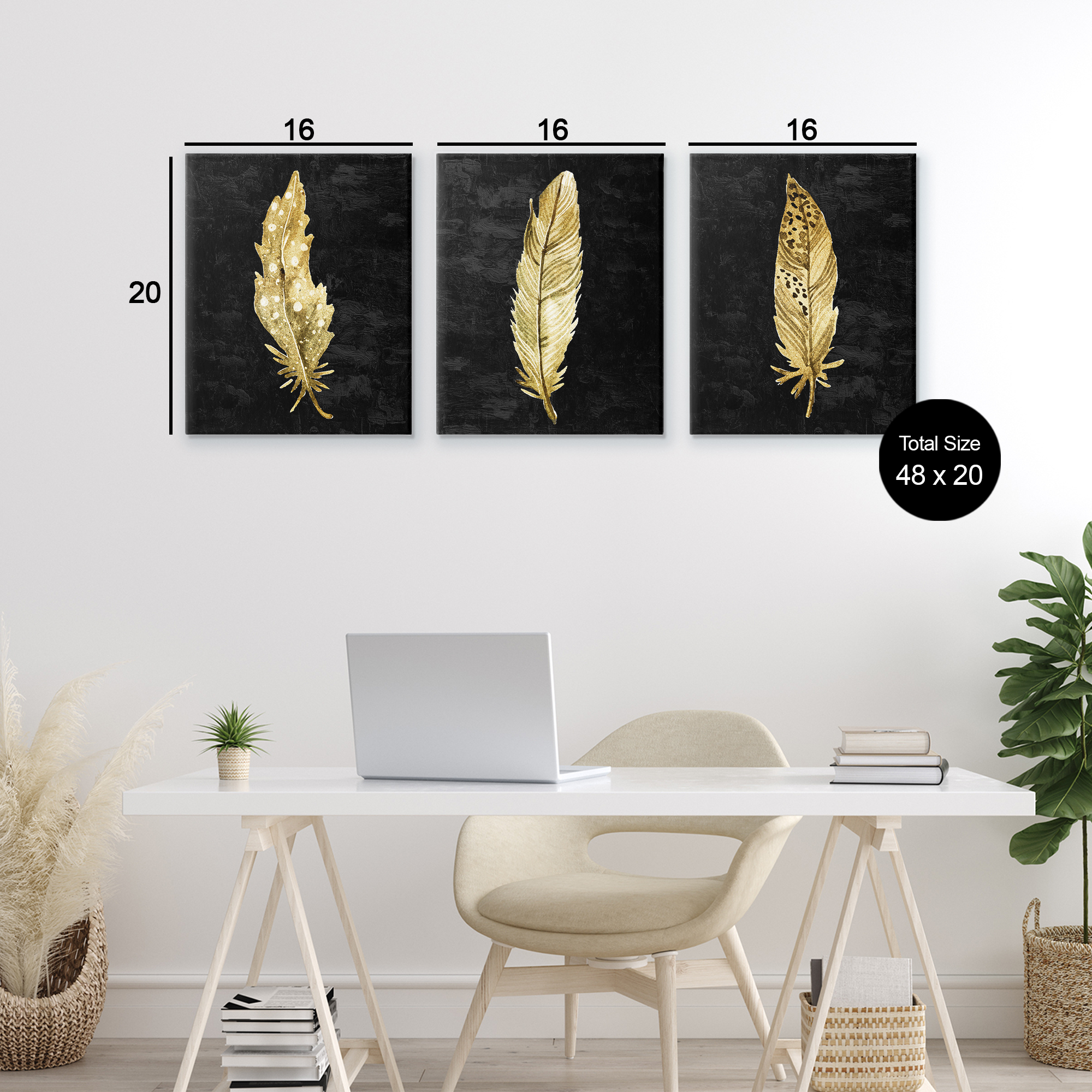 Black & Gold Feathers 3 Piece Canvas Wall Art Set, design by Kim Allen