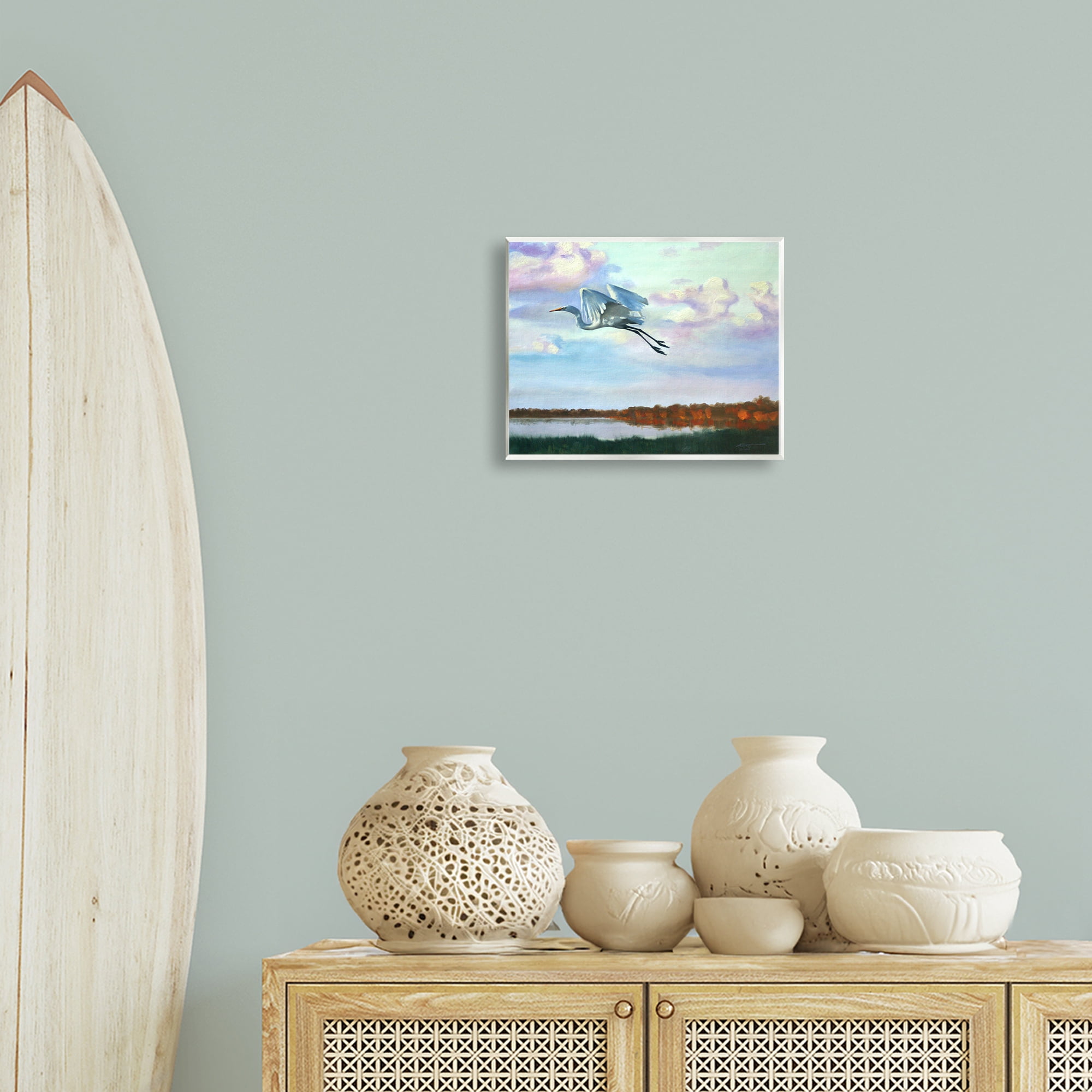 Stupell Industries Egret Over Lake Shore Landscape Painting Unframed Art Print Wall Art, 14 x 11