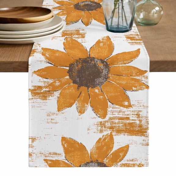 Orange Sunflower Table Runner, Spring Summer Botanical Flowers Washable Cotton Linen Table Runners 120 Inches Long, Dresser Scarf Runner for Dining/Living Room/Kitchen/Square Tables 13''x120''