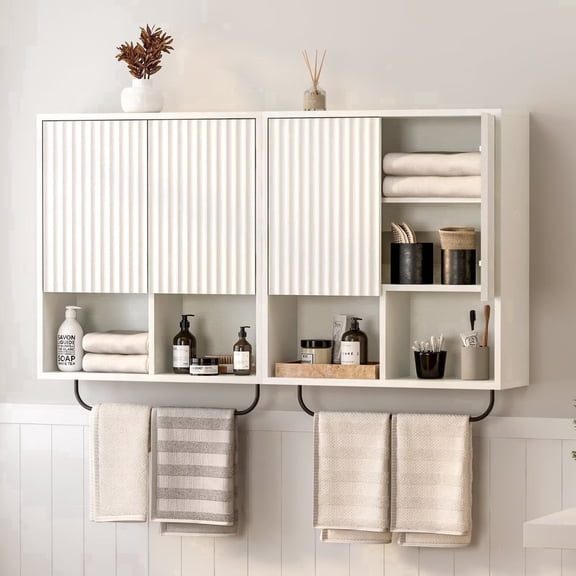 EYYTHUNG White Fluted Wooden Medicine Cabinet Storage, Bathroom Wall Cabinet with 2 Doors Adjustable Shelf and Towels Bar