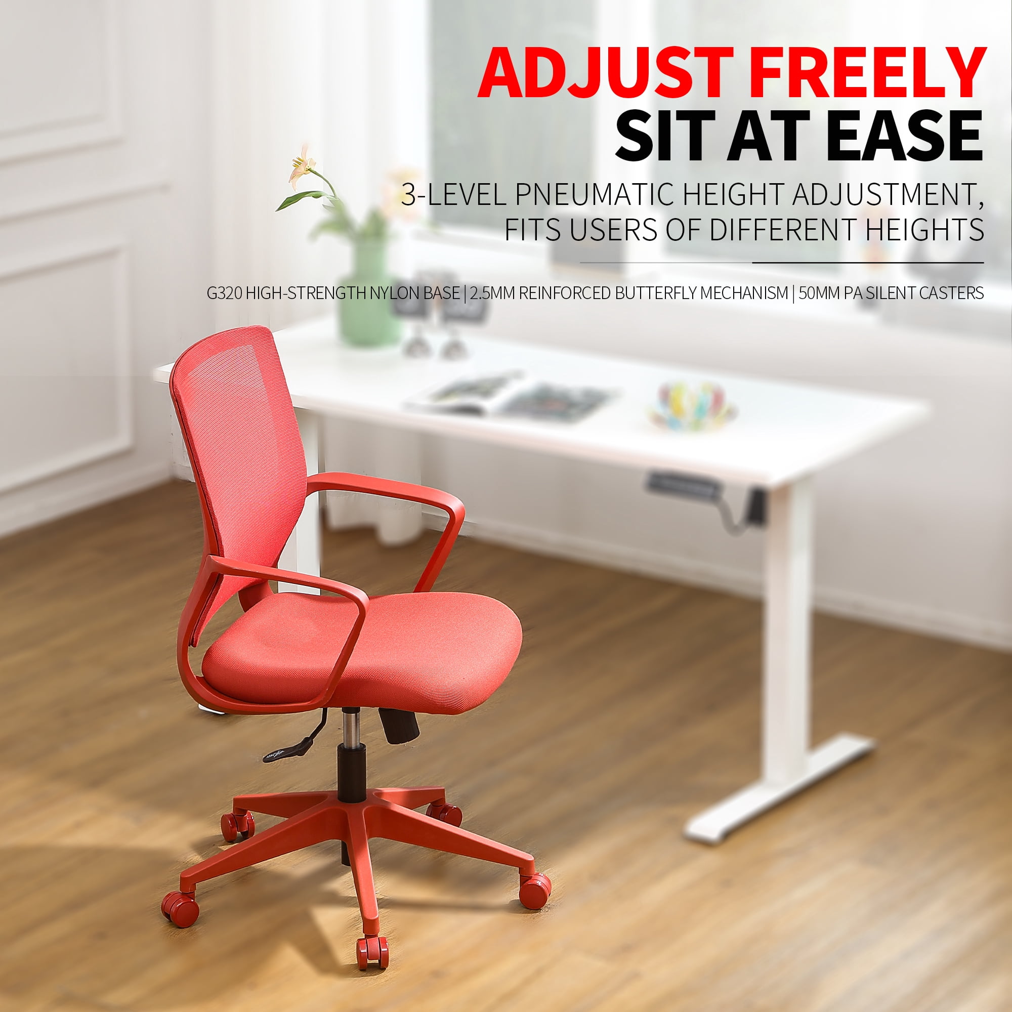 Colorful Office Task Chair 350LBS, Home Office, Mesh Back,Comfortable Sitting, Fixed Armrest, Swivel, Height Adjustable Chair (Red)