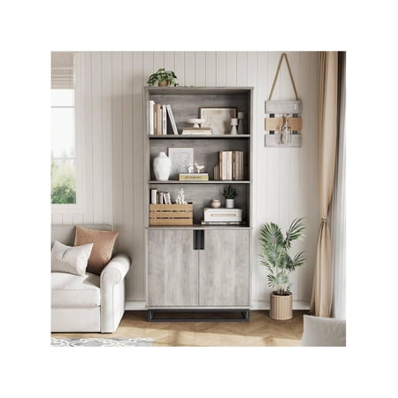 70.6" Tall 5-Tier Wood Bookshelf with Glass Doors, Farmhouse Adjustable Storage Cabinet Organizer for Living Room Office Library, Grey