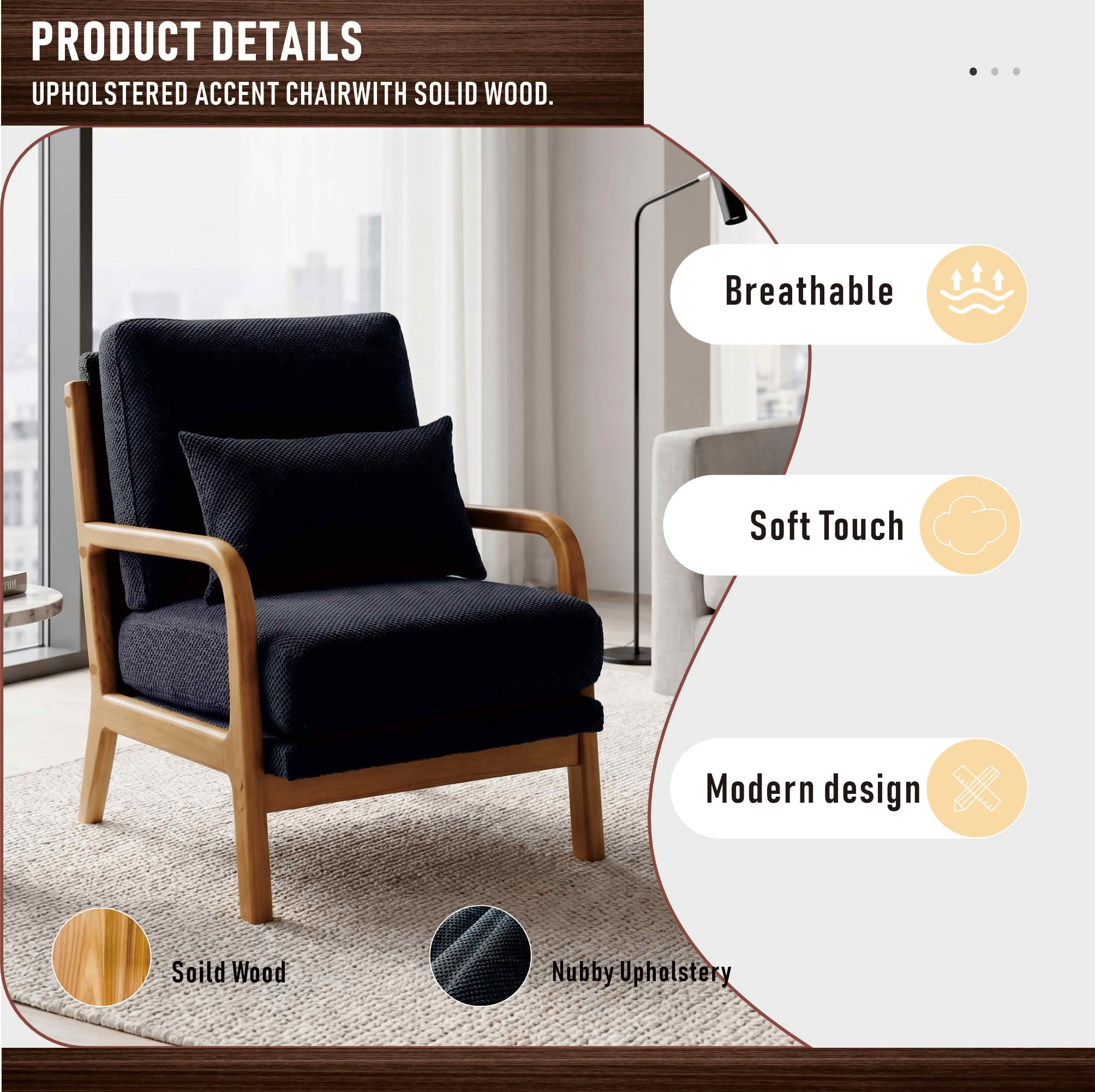 MAYEERTY 26 In Nubby Fabric Lounge Chair, Solid Wood Armrests, Lumbar Pillow, Black, 300 lb