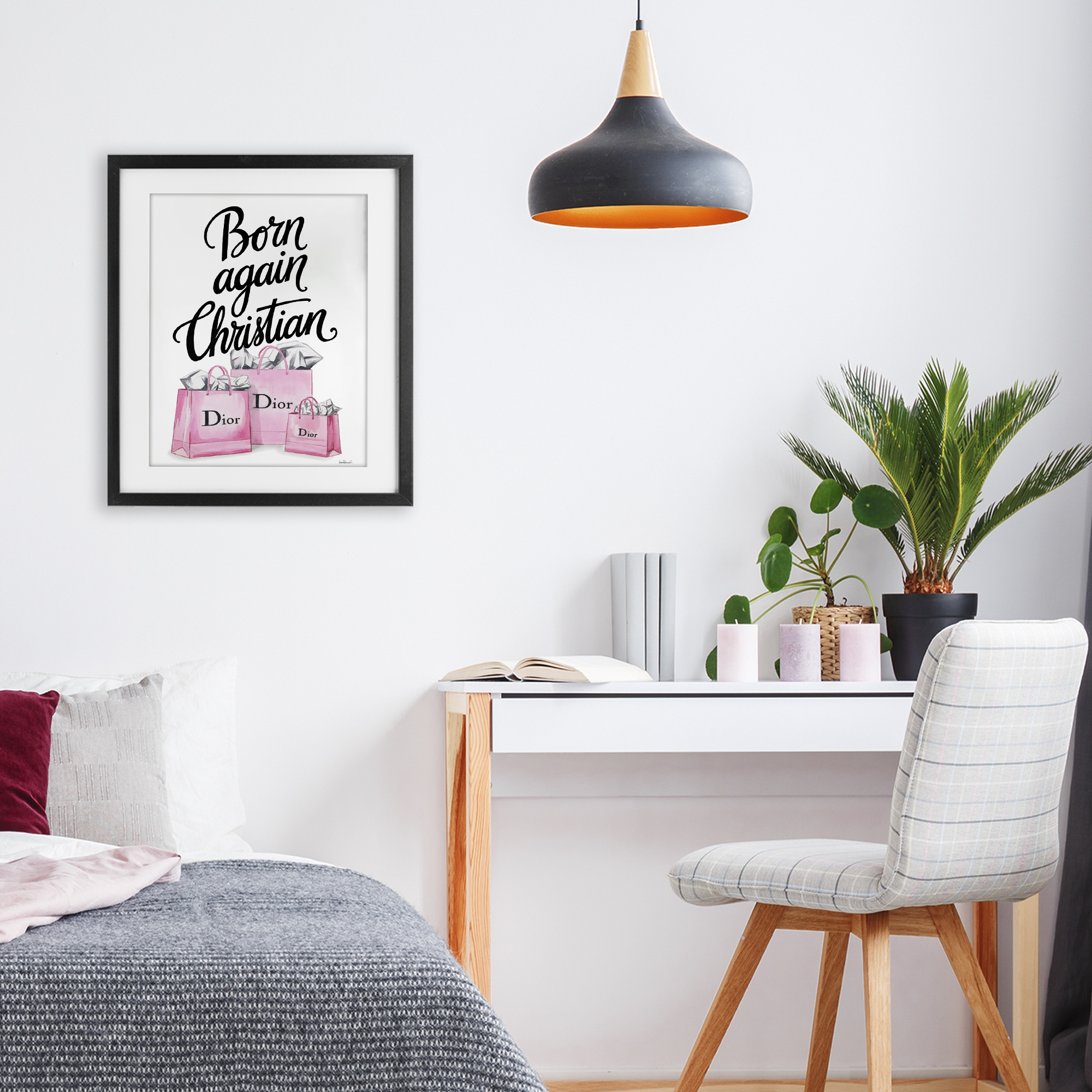 Pink Bags Born Again Christian Black Framed Print Under Glass, design by Amanda Greenwood