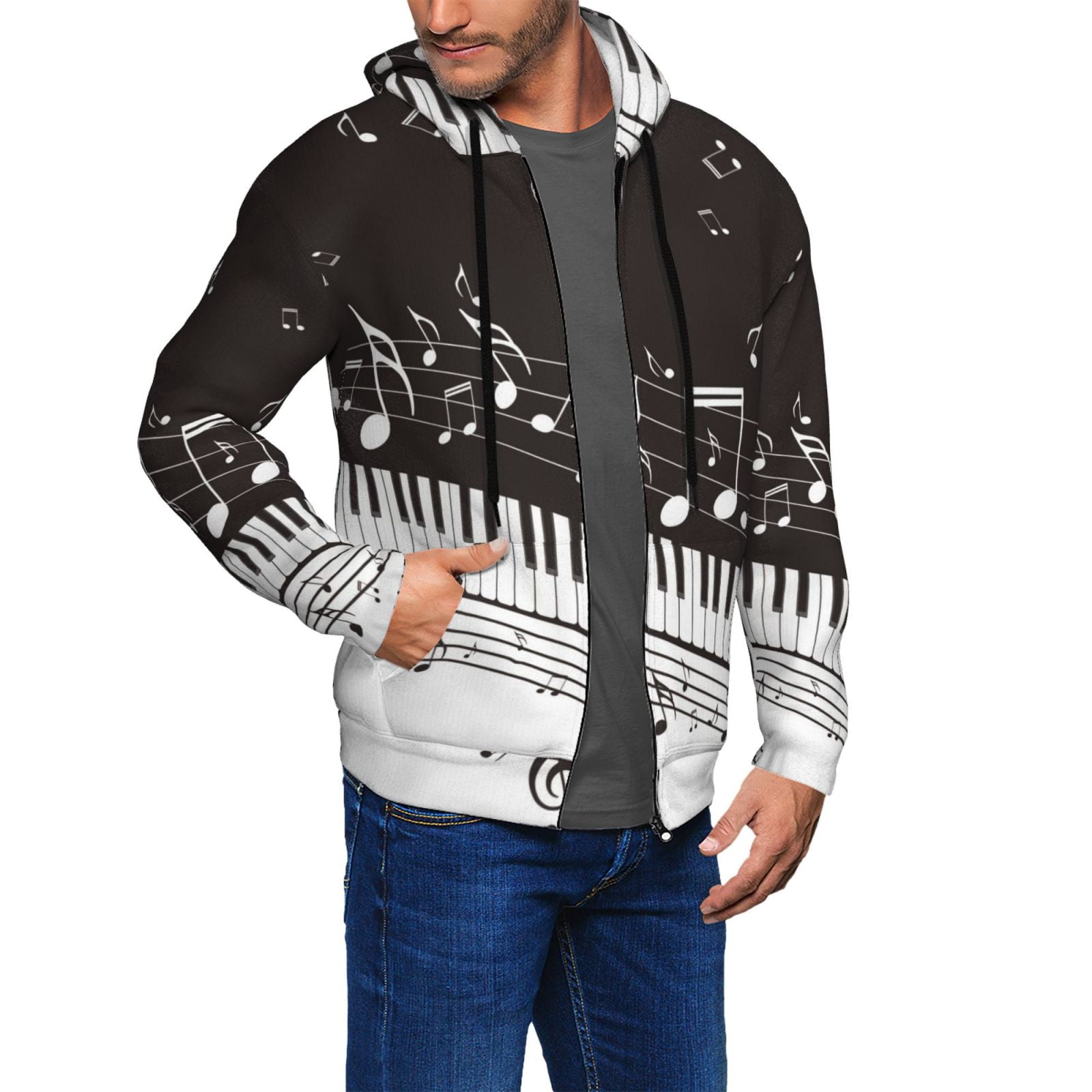 Honeii Piano Keys With Musical Notes Print Hoodies for Men