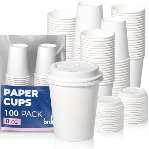 Fit Meal Prep 100 Pack 8 oz Disposable Coffee Cups with Lids, Premium Paper To Go Cups for Hot/Cold Beverages, Leak Proof Travel Cups for Cold/Hot Beverage, Office (White Lids)