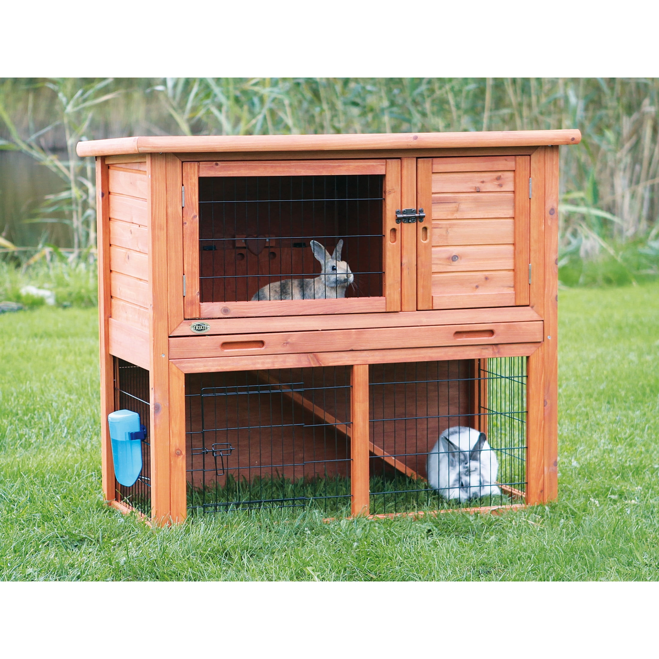 TRIXIE Weatherproof Outdoor 2-Story Wooden Small Animal Hutch with Run & Pull-Out Tray, Brown