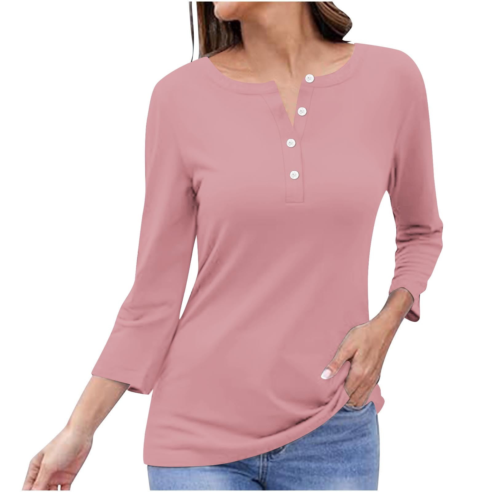 Timegard Tops for Women Long Sleeve Notched V-Neck Button Shirts Solid Color Fall Casual Loose Comfy Tops