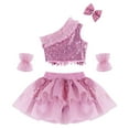 thumbnail image 7 of Aislor Girls Dance Outfits Sequin Oblique Shoulder Tops and Veil Skirt with Bowknot Hair Clip and Cuffs Perform Set, 7 of 7