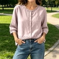 thumbnail image 7 of Ayolanni 3/4 Sleeve Summer Women Blouses Scoop Neck Button Down Cotton Linen Solid Blouse Pockets Oversized Textured Tees Spring Tops for Women Pink XL, 7 of 7