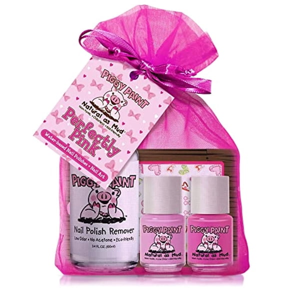 Piggy Paint 100% Non-toxic Girls Nail Polish, Safe, Chemical Free, Low Odor for Kids - ( PINKie Promise, LOL, 3.4 oz. Remover, Heart Nail Art ) Perfectly Pink - .25 oz